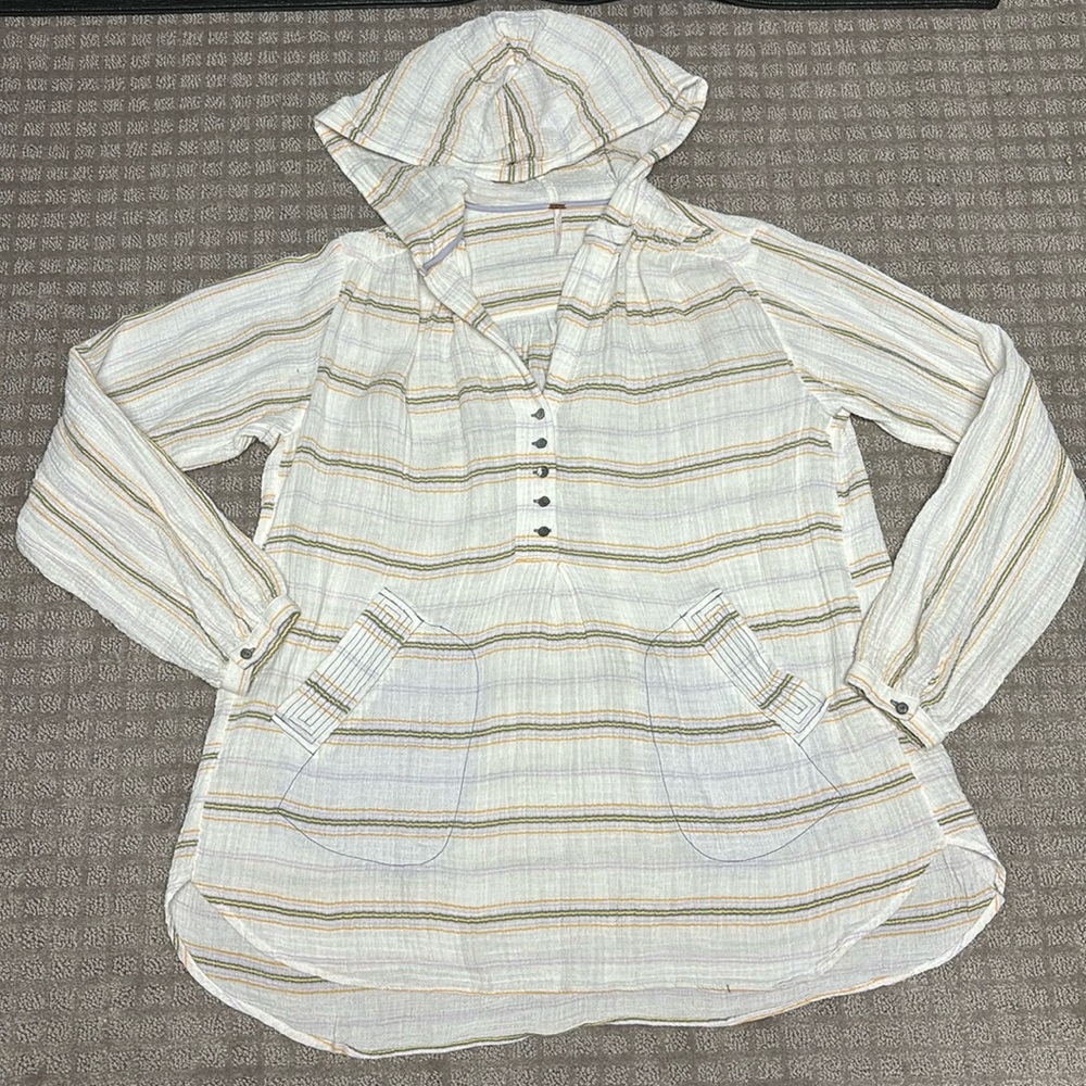 Free People Rolling Clouds 100% Cotton Hooded Blouse Ivory Striped Small - Picture 4 of 7